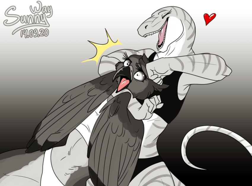 anthro artwork_(digital) avian best_friends bird digital_drawing_(artwork) digital_media_(artwork) dinosaur dromaeosaurid duo falcon falconid female female/female friends handwings happy hug love monochrome omg open_mouth patreon_reward reptile scalie shoked sketch sunny_way theropod wings