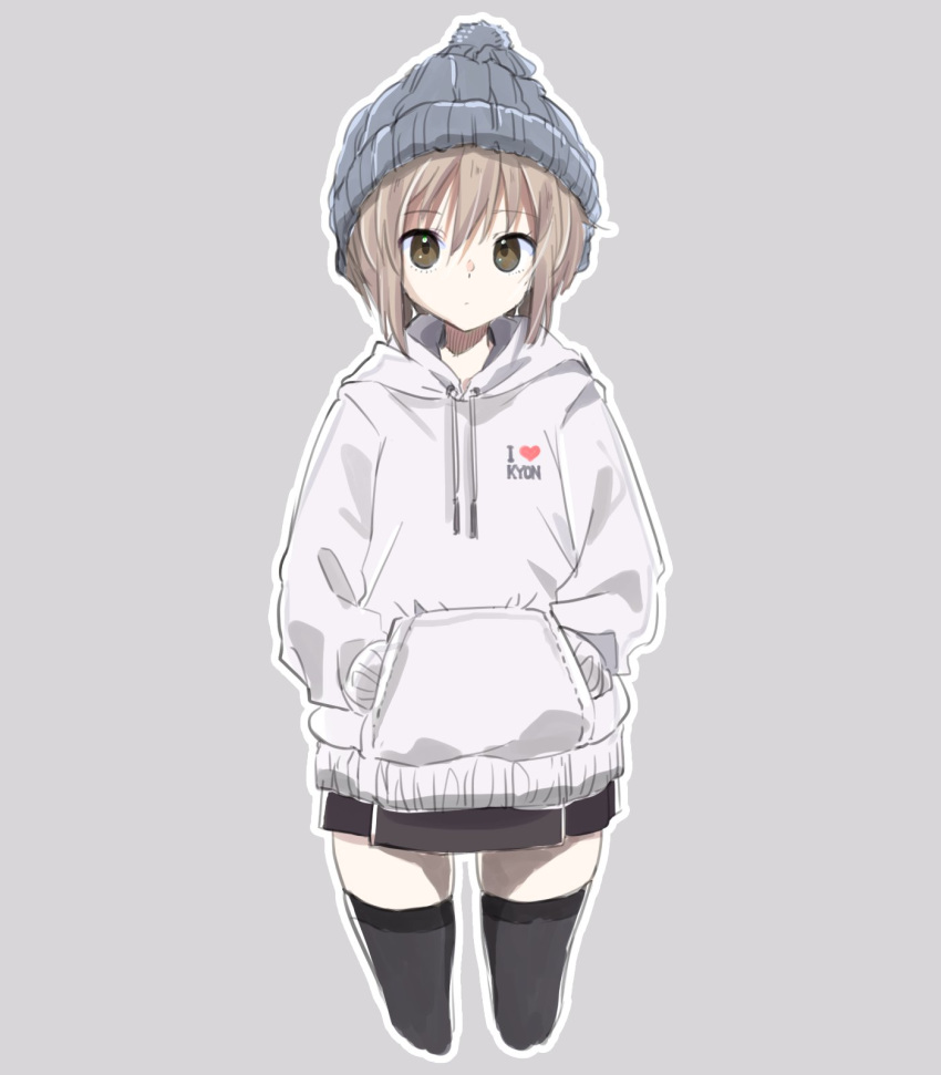 1girl beanie black_legwear blue_headwear brown_hair brown_skirt closed_mouth clothes_writing cowboy_shot cropped_legs english_text green_eyes grey_background grey_hoodie hands_in_pockets hat highres hood hood_down hoodie i_heart... looking_at_viewer nagato_yuki nanabuluku outline pleated_skirt short_hair simple_background skirt solo suzumiya_haruhi_no_yuuutsu thighhighs white_outline