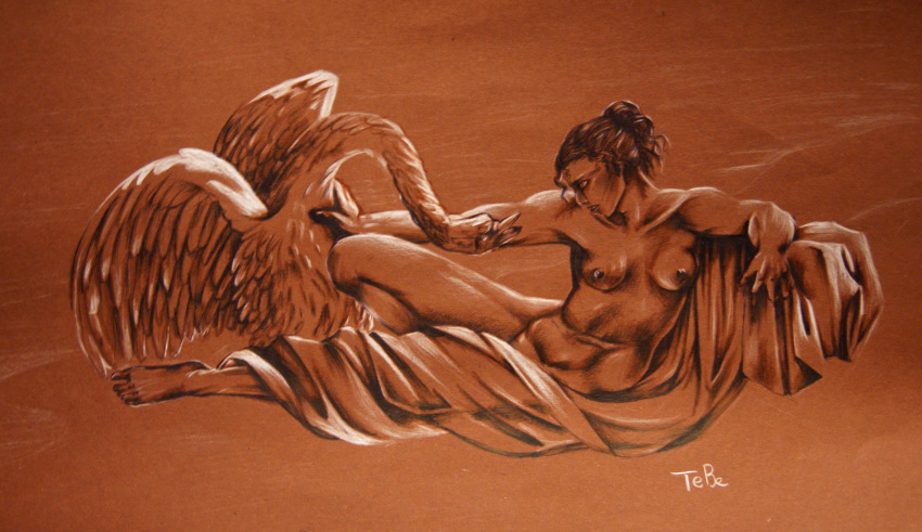 2013 absurd_res altariah ambiguous_gender anatid anseriform anserinae avian bestiality bird breasts brown_background crayon_(artwork) duo european_mythology feathers female female/ambiguous female_on_feral feral greek_mythology hi_res human human_on_feral interspecies leda leda_and_the_swan long_neck mammal monochrome mythology nipples nude simple_background swan traditional_media_(artwork) zeus