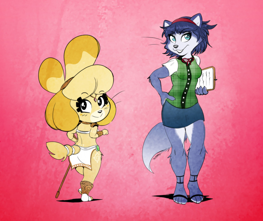 2020 accessory alternate_costume animal_crossing anthro blue_hair breasts canid canine canis clothing cosplay crossover domestic_dog duo female floppy_ears footwear fox fur hair hair_accessory hairband isabelle_(animal_crossing) krystal loincloth mammal markings nintendo scottytheman smile staff star_fox tailband tribal_markings video_games
