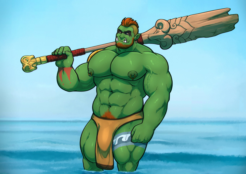 2020 abs absurd_res beard bulge clothing club_(weapon) ear_piercing facial_hair green_body green_skin grisser hair hi_res holding_melee_weapon holding_object holding_weapon humanoid loincloth looking_at_viewer male melee_weapon muscular muscular_humanoid muscular_male navel nipple_piercing nipple_ring nipples orc orc_humanoid partially_submerged pecs piercing solo tattoo tusk_ring tusks vein veiny_muscles water weapon