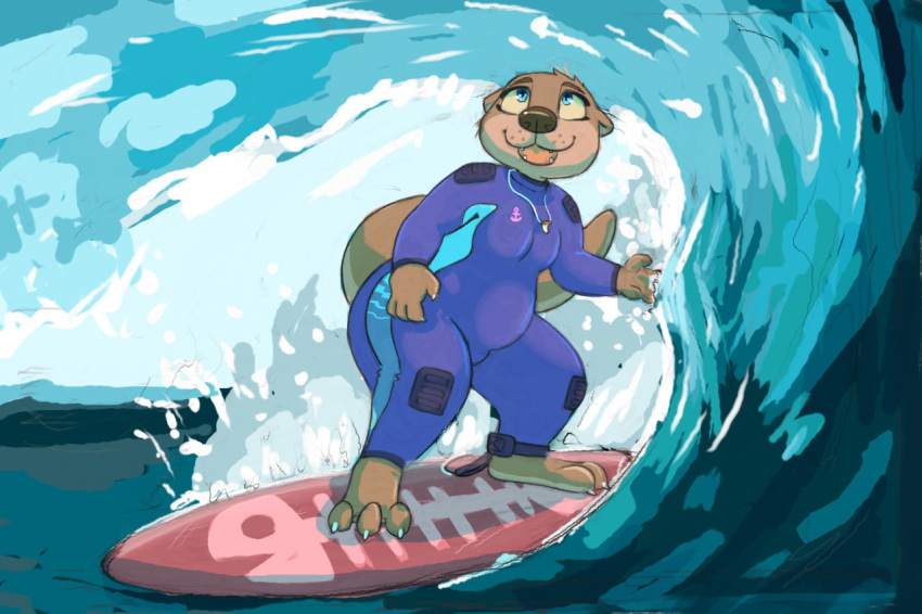 2020 anthro barefoot blue_eyes breasts brown_body clothing dascarl female looking_up lutrine mammal mustelid sharktooth_necklace skinsuit smile solo standing surfboard surfing tight_clothing vehicle water watercraft