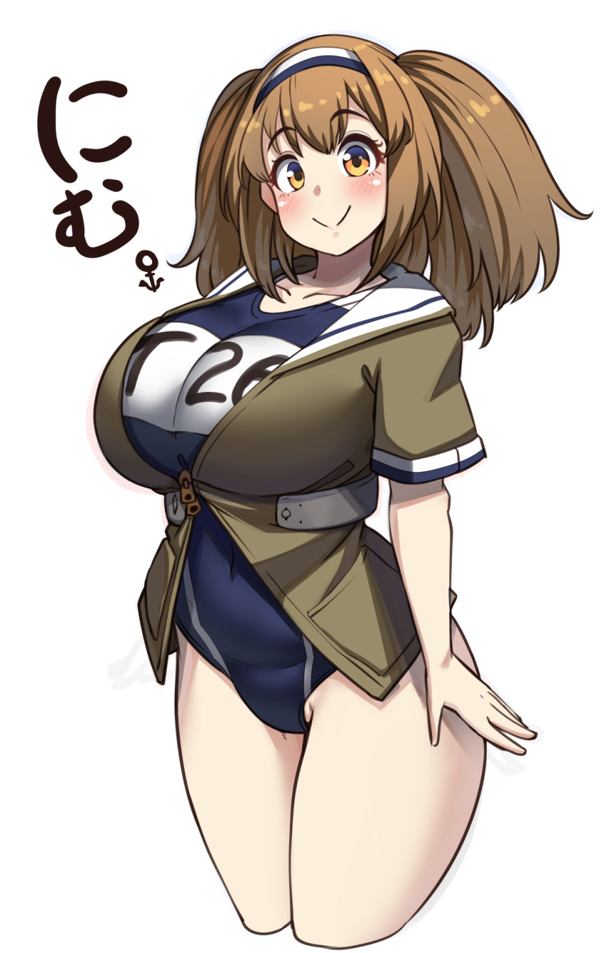 1girl breasts clothes_writing covered_navel green_jacket hairband highres huge_breasts i-26_(kantai_collection) jacket kantai_collection light_brown_eyes light_brown_hair long_hair name_tag new_school_swimsuit one-piece_swimsuit ryuun_(stiil) sailor_collar school_swimsuit short_sleeves smile solo swimsuit swimsuit_under_clothes two-tone_hairband two_side_up