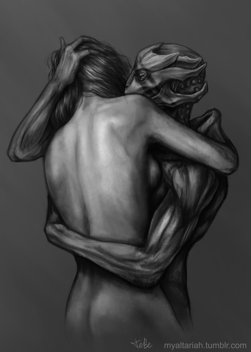 2017 absurd_res alien altariah breasts butt duo embracing faceless_female female female/female greyscale head_grab hi_res human human_on_humanoid humanoid interspecies mammal mass_effect mass_effect_andromeda monochrome not_furry nude rear_view romantic_couple sara_ryder side_boob text turian url vetra_nyx video_games