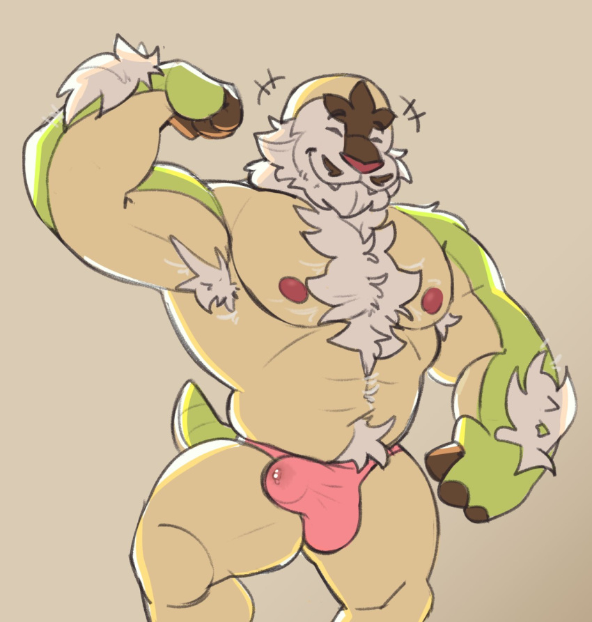 2020 abs anthro arm_hair armpit_hair beard biceps bodily_fluids body_hair bulge chesnaught chest_hair clothed clothing erection erection_under_clothing eyes_closed facial_hair flexing genital_fluids grey_background hi_res kiba24 male muscular muscular_anthro muscular_male neck_tuft nintendo nipples pok&eacute;mon pok&eacute;mon_(species) precum precum_through_clothing precum_through_underwear pubes simple_background smile solo standing thong tuft underwear video_games wet wet_clothing