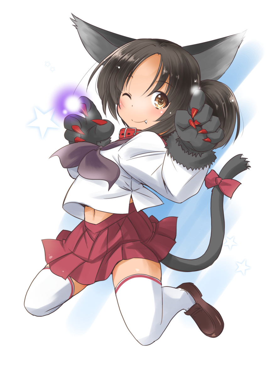 1girl absurdres adapted_costume alternate_sleeve_length animal_ears black_hair brown_eyes brown_footwear cat_ears cat_tail commentary_request fang full_body gloves highres kantai_collection loafers looking_at_viewer nagara_(kantai_collection) paw_gloves paws pleated_skirt red_skirt school_uniform serafuku shoes short_hair simple_background skirt smile solo tail taisinkoku thighhighs white_background white_legwear