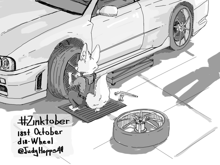 2020 4:3 anthro arctic_fox canid canine car clothed clothing english_text fox fully_clothed fur hi_res inktober inktober_2020 judyhopps44 kneeling mammal monochrome nissan_skyline silhouette skye_(zootopia) solo text vehicle