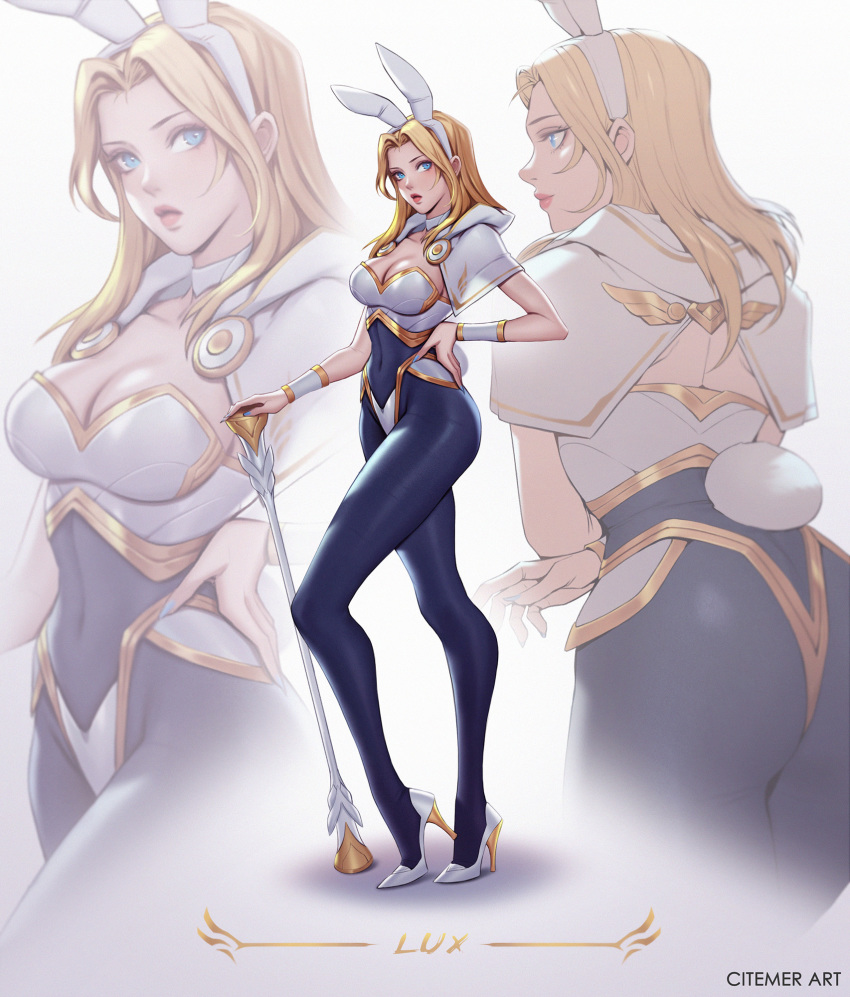1girl adapted_costume alternate_costume animal_ears artist_name blonde_hair blue_eyes bodysuit breasts bunny_ears bunny_tail character_name chest_guard choker citemer cleavage collarbone commentary covered_navel cowboy_shot english_commentary fake_animal_ears fake_tail hand_on_hip high_heels highres league_of_legends leotard long_hair looking_at_viewer luxanna_crownguard medium_breasts parted_lips playboy_bunny signature simple_background solo staff standing tail white_background