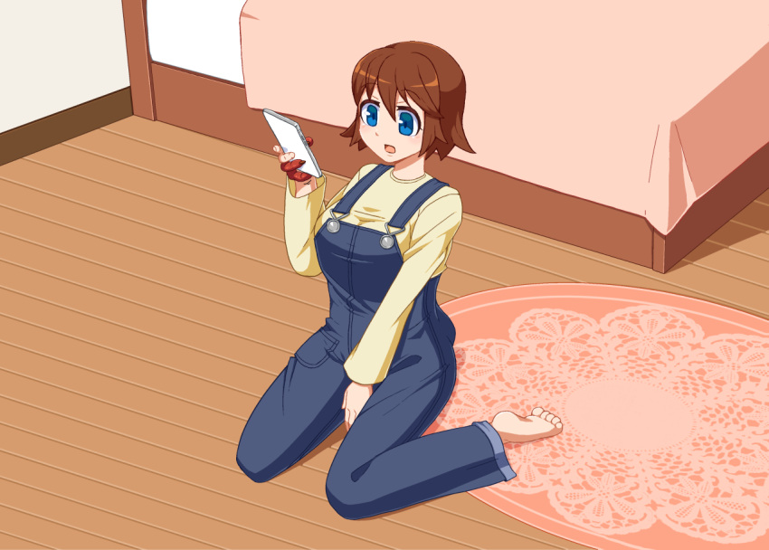 2020 5_fingers 5_toes barefoot blue_eyes brown_hair female fingers hair holding_object holding_phone human human_only inside kneeling mammal not_furry open_mouth phone shio_inu solo toes transformation wooden_floor