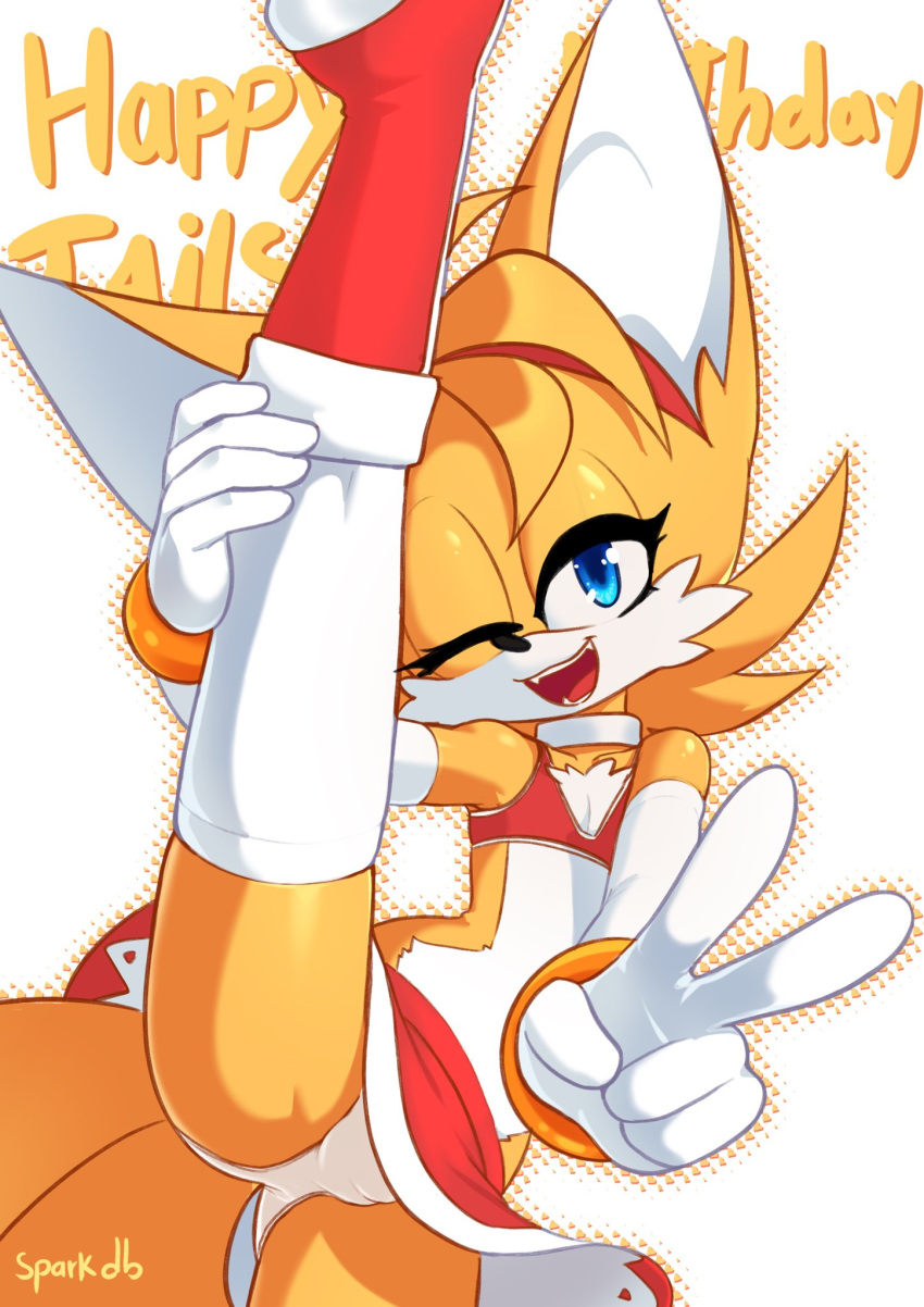 2_tails amy_rose anthro bulge canid canine choker clothed clothing crossdressing english_text flexible fox gesture girly gloves handwear hi_res jewelry legwear looking_at_viewer male mammal miles_prower multi_tail necklace one_eye_closed one_leg_up open_mouth panties panty_shot raised_leg solo sonic_the_hedgehog_(series) sparkydb splits spread_legs spreading stockings text underwear v_sign vertical_splits wink