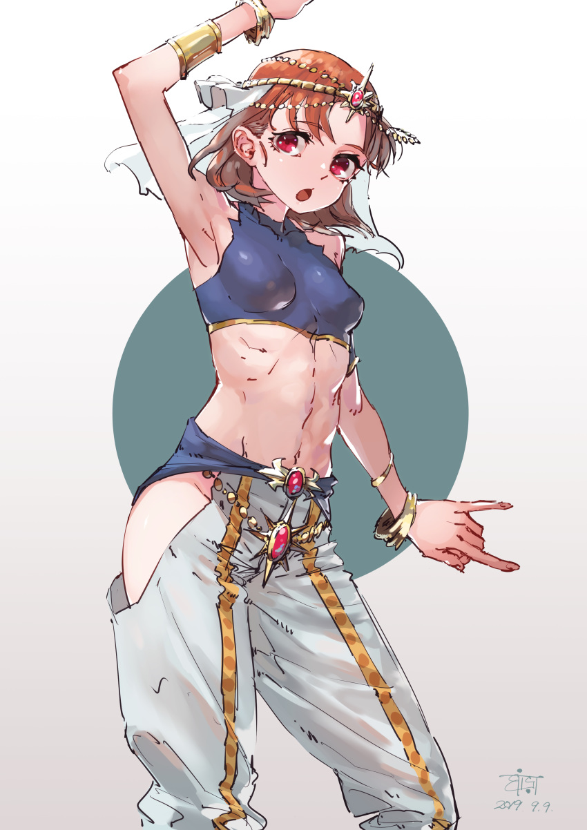 abs absurdres arabian_clothes armband armlet bracelet crop_top dancer gem ghode_(basashi) harem_outfit headpiece highres jewelry kokoro_magic_a_to_z love_live! love_live!_school_idol_project love_live!_sunshine!! midriff navel open_mouth orange_hair pants red_eyes takami_chika