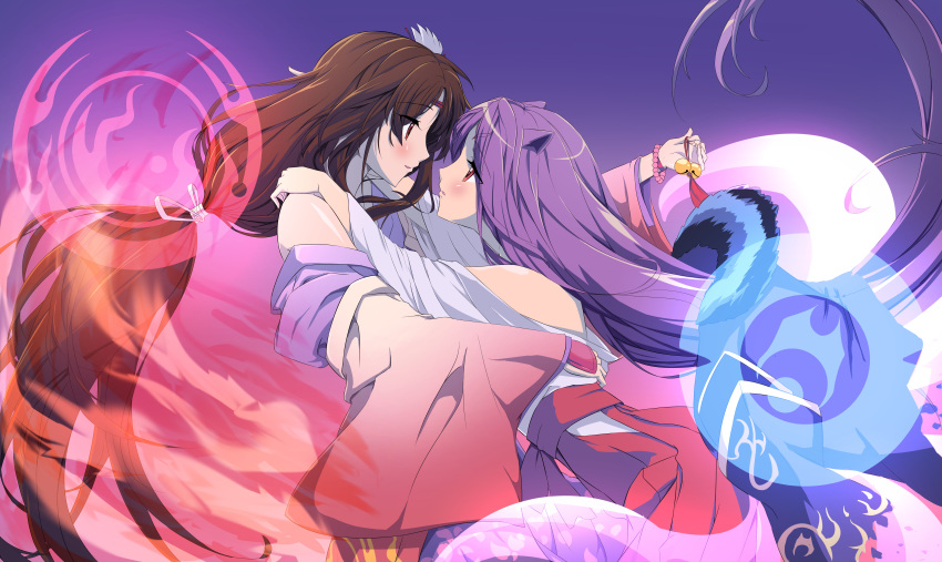 2girls absurdres animal_ears bell blush brown_hair clan_symbol dawn detached_sleeves duel_monster eye_contact fire forbidden_love fox_ears highres huge_filesize japanese_clothes jiguang_zhi_aoluola kimono looking_at_another mayakashi_(yugioh) miko_embrace multiple_girls purple_hair shiranui_(yugioh) wristband yu-gi-oh! yuri