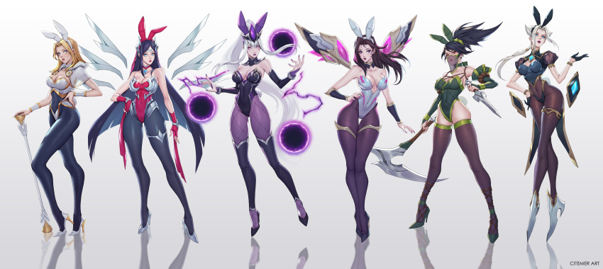 6+girls absurdres adapted_costume akali alternate_costume animal_ears arm_at_side artist_name bare_shoulders black_hair blonde_hair bodysuit breasts bridal_gauntlets bunny_ears bunny_tail camille_(league_of_legends) choker citemer cleavage commentary dagger detached_collar detached_sleeves english_commentary fake_animal_ears fake_tail fingerless_gloves fishnet_legwear fishnets floating gauntlets gloves hairband hand_on_hip hand_up headpiece high_heels highleg highleg_leotard highres holding holding_weapon irelia kai'sa kama_(weapon) league_of_legends leotard long_hair looking_at_viewer luxanna_crownguard medium_hair mouth_veil multiple_girls orb pantyhose playboy_bunny ponytail shadow sickle skindentation staff standing strapless strapless_leotard syndra tail thigh_gap thighhighs very_long_hair weapon white_hair wrist_cuffs