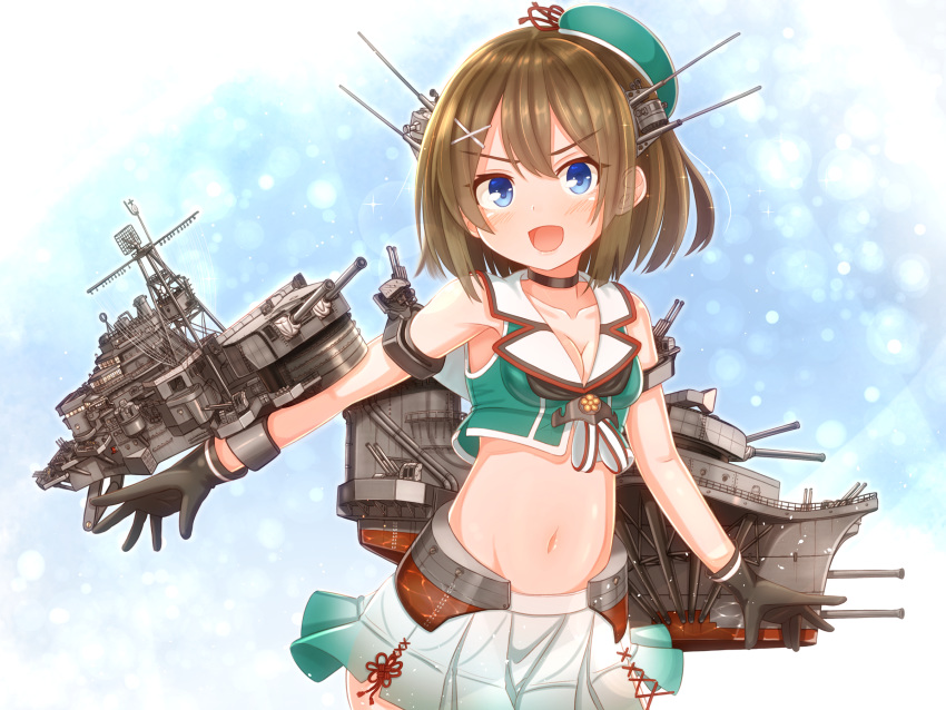 1girl bangs beret black_gloves blue_eyes breasts brown_hair cleavage crop_top eyebrows_visible_through_hair gloves green_headwear hair_ornament hairclip hat hat_ribbon headgear highres kantai_collection looking_at_viewer machinery maya_(kantai_collection) medium_breasts midriff mini_hat open_mouth pleated_skirt red_ribbon remodel_(kantai_collection) ribbon short_hair skirt sleeveless smile solo suzushiro_(gripen39) white_skirt x_hair_ornament