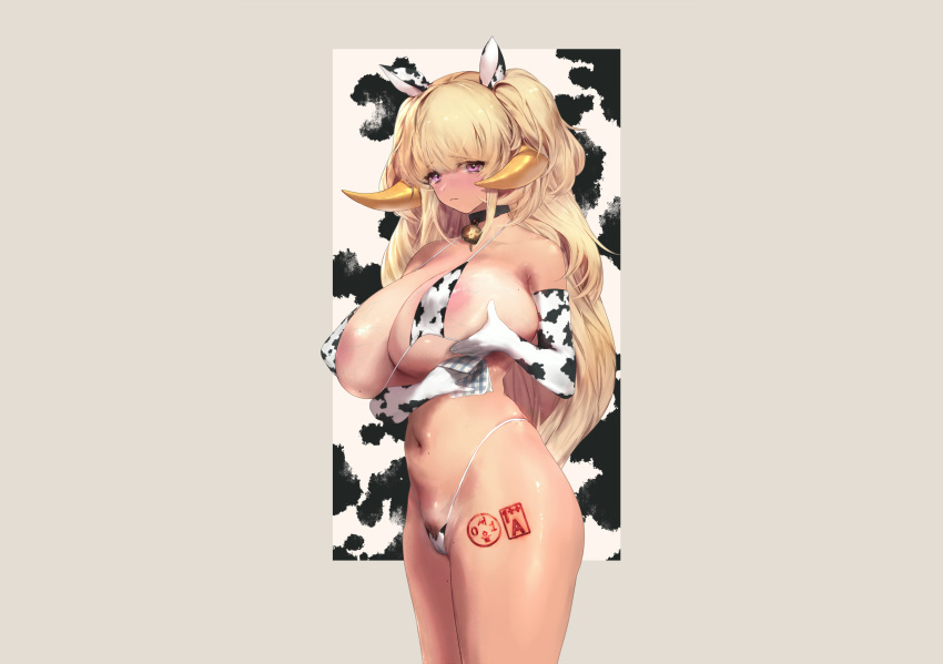 animal_ears bell bikini blonde_hair blush breasts cameltoe collar cowgirl elbow_gloves elven_forest_maker erect_nipples gloves gray horns last_origin long_hair ppuppi pubic_hair purple_eyes swimsuit tattoo twintails