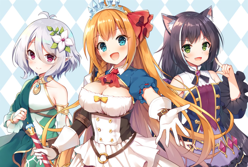 animal_ears aqua_eyes blush braids breasts catgirl cleavage dress fang flat_chest gloves gray_hair green_eyes headdress karyl kokkoro long_hair mauve orange_hair pecorine pointed_ears princess_connect! purple_eyes purple_hair short_hair skirt staff twintails waifu2x