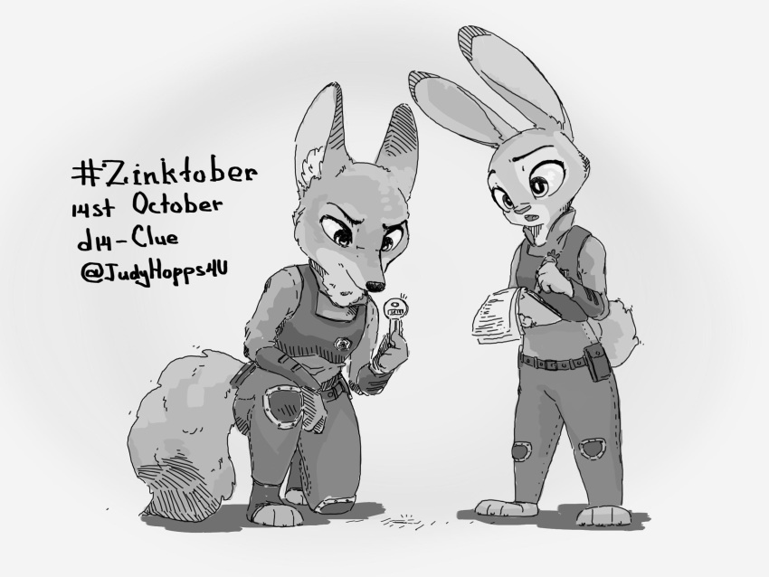 2020 4:3 anthro canid canine clothed clothing disney duo english_text fox fully_clothed fur hi_res holding_object inktober inktober_2020 judy_hopps judyhopps44 lagomorph leporid mammal monochrome nick_wilde police_uniform rabbit red_fox standing text uniform zootopia