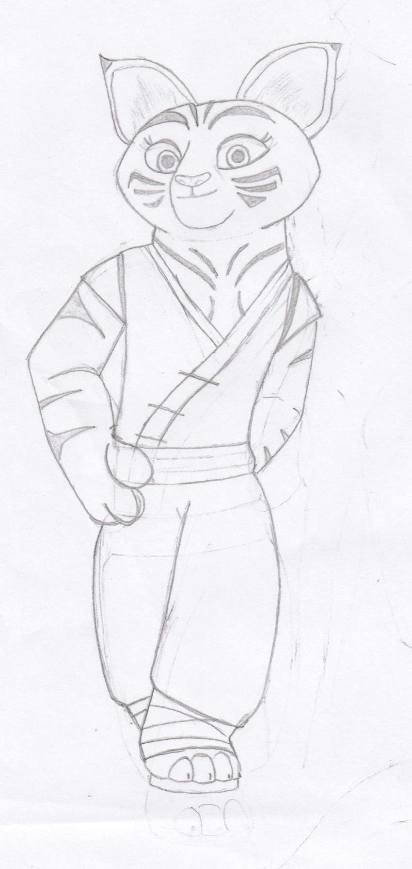 anthro asian_clothing chinese_clothing chinese_dress clothed clothing dreamworks dress east_asian_clothing felid feline female graphite_(artwork) hand_on_hip hi_res kung_fu_panda looking_at_viewer lynx mammal pencil_(artwork) smile solo stripes traditional_media_(artwork) unclesamtheman xiao_(paws_of_destiny) young