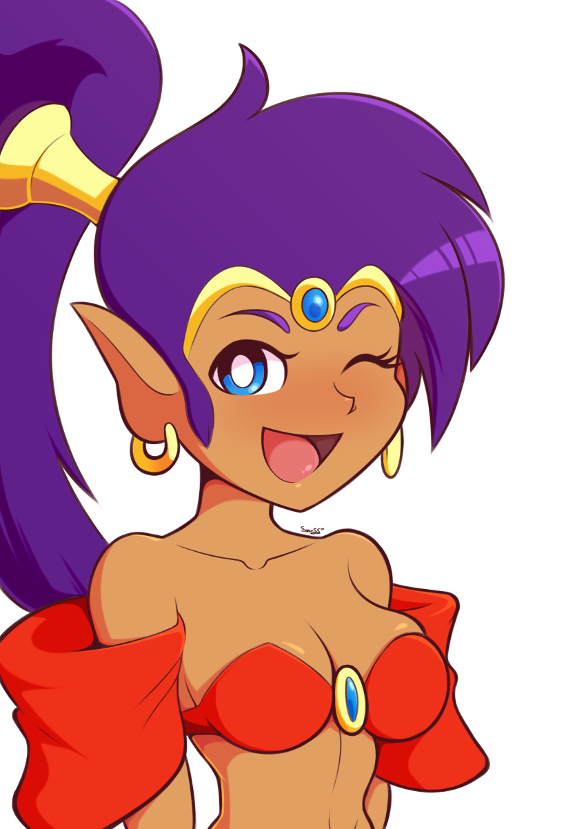 2019 absurd_res belly_dancer blue_eyes breasts clothing dark_skin ear_piercing ear_ring female genie hair hi_res humanoid humanoid_pointy_ears long_hair not_furry one_eye_closed open_mouth open_smile piercing ponytail purple_hair shantae shantae_(series) signature simple_background smile solo supersegasonicss tongue video_games wayforward wink