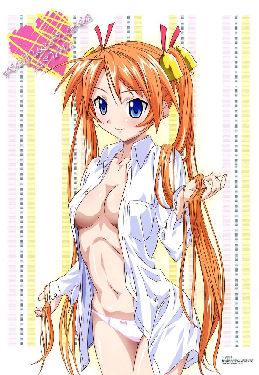 absurdres bell blue_eyes blush bottomless bow bow_panties breasts covered_nipples dress_shirt hair_bell hair_ornament highres holding holding_hair kagurazaka_asuna long_hair long_sleeves magazine_scan mahou_sensei_negima! medium_breasts megami mogi_takuji no_bra no_pants non-web_source official_art open_clothes open_shirt orange_hair panties pink_panties scan shirt smile solo toned twintails underwear very_long_hair