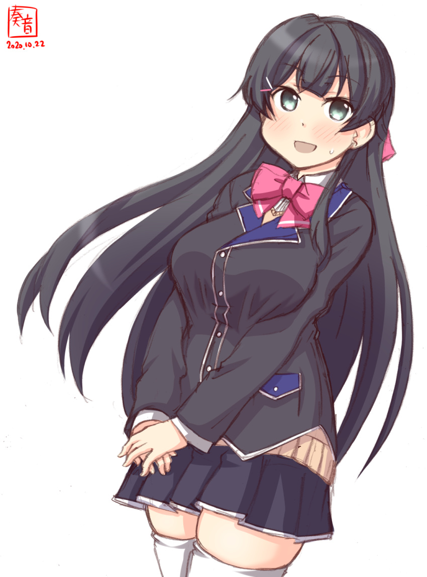 1girl agano_(kantai_collection) artist_logo black_hair black_jacket black_skirt blazer bow cardigan_vest commentary_request cosplay cowboy_shot dated green_eyes hair_ornament hairclip highres jacket kanon_(kurogane_knights) kantai_collection long_hair look-alike looking_at_viewer nijisanji pink_bow pink_neckwear school_uniform simple_background skirt solo thighhighs tsukino_mito tsukino_mito_(cosplay) v_arms virtual_youtuber white_background white_legwear