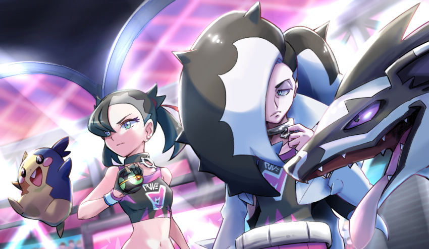 1boy 1girl asymmetrical_bangs asymmetrical_hair ayo_(ayosanri009) bangs bare_shoulders black_choker black_hair breasts brother_and_sister choker collarbone commentary_request cropped_jacket dusk_ball dynamax_band earrings eyeshadow frown gen_8_pokemon gloves green_eyes gym_leader hair_between_eyes hair_over_one_eye hair_ribbon holding holding_poke_ball jacket jewelry lights long_hair long_sleeves looking_to_the_side makeup marnie_(pokemon) midriff morpeko multicolored_hair navel obstagoon piers_(pokemon) poke_ball pokemon pokemon_(game) pokemon_swsh red_ribbon ribbon siblings single_glove small_breasts stadium standing twintails two-tone_hair undercut upper_body white_hair white_jacket