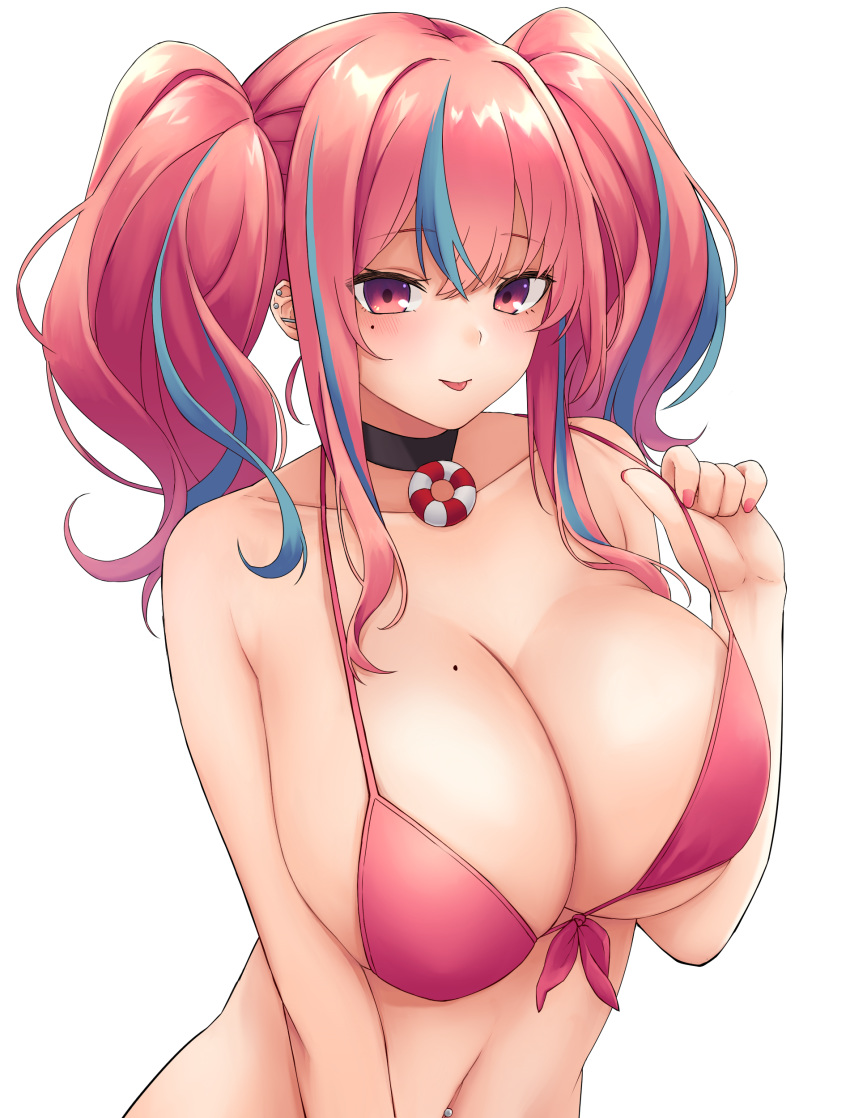 1girl :p absurdres azur_lane bangs bare_shoulders bikini bikini_tug black_choker blue_hair blush breasts bremerton_(azur_lane) choker cleavage collarbone commentary ear_piercing eyebrows_visible_through_hair front-tie_bikini front-tie_top hair_between_eyes hair_intakes hand_up highres large_breasts lifebuoy_ornament long_hair looking_at_viewer midriff mole mole_on_breast mole_under_eye multicolored_hair namec0 navel navel_piercing piercing pink_bikini pink_eyes pink_hair pink_nails sidelocks simple_background smile solo streaked_hair swimsuit tongue tongue_out twintails two-tone_hair underboob upper_body white_background