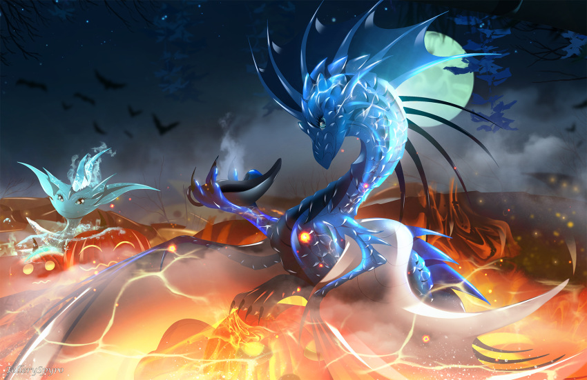 2020 blue_body blue_eyes blue_scales digital_media_(artwork) dragon feral group hi_res membrane_(anatomy) membranous_wings moon night outside scales sky spines telleryspyro wings wyvern