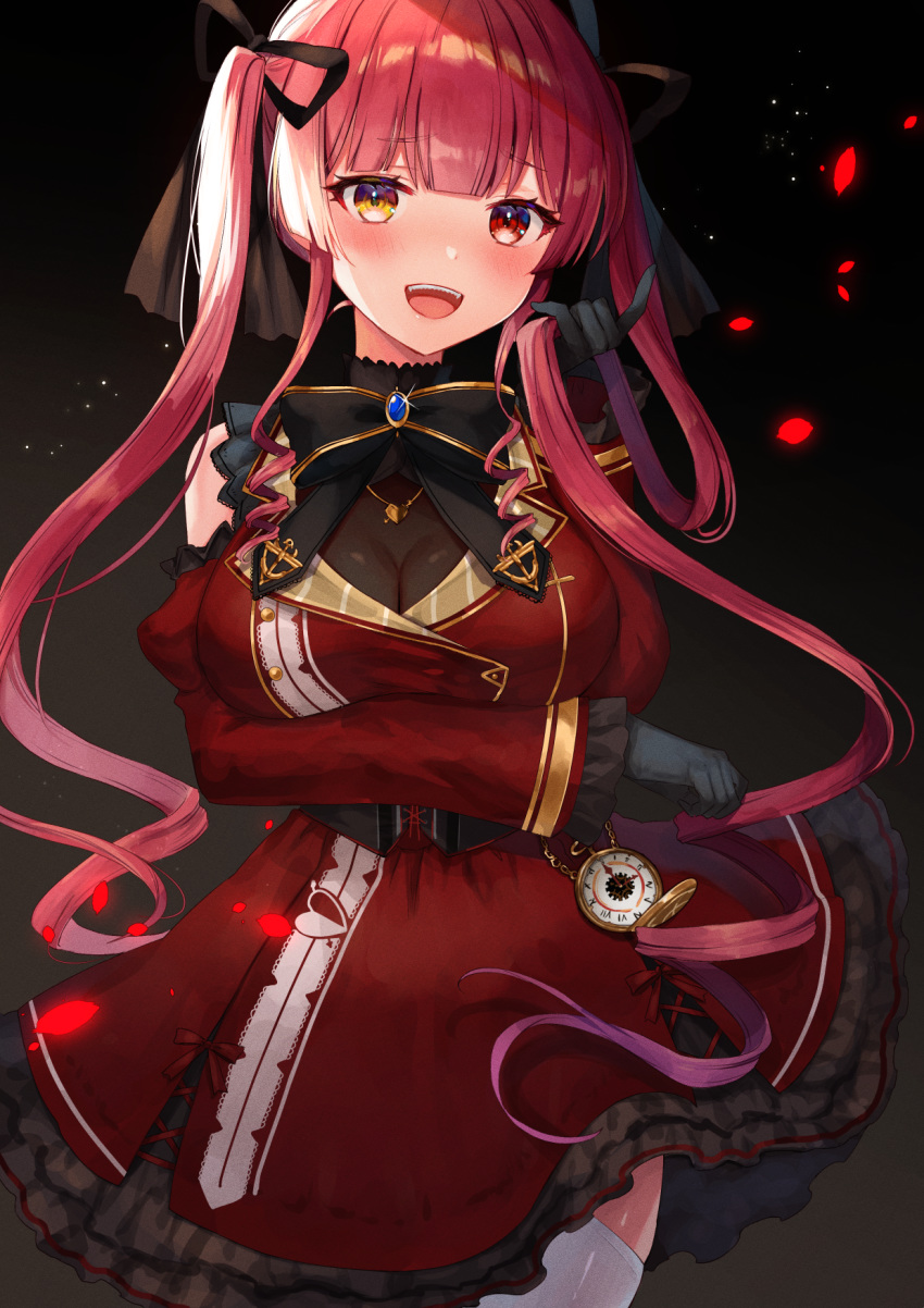 1girl :d bangs black_gloves black_ribbon blunt_bangs breast_rest breasts chain cleavage commentary_request compass cowboy_shot cross-laced_slit detached_sleeves dress eyebrows_visible_through_hair gloves gold_chain gold_necklace hair_ribbon heterochromia highres holding holding_hair hololive houshou_marine jewelry kura_noi large_breasts looking_at_viewer necklace open_mouth petals red_dress red_eyes red_hair ribbon smile solo thighhighs twintails upper_teeth white_legwear yellow_eyes