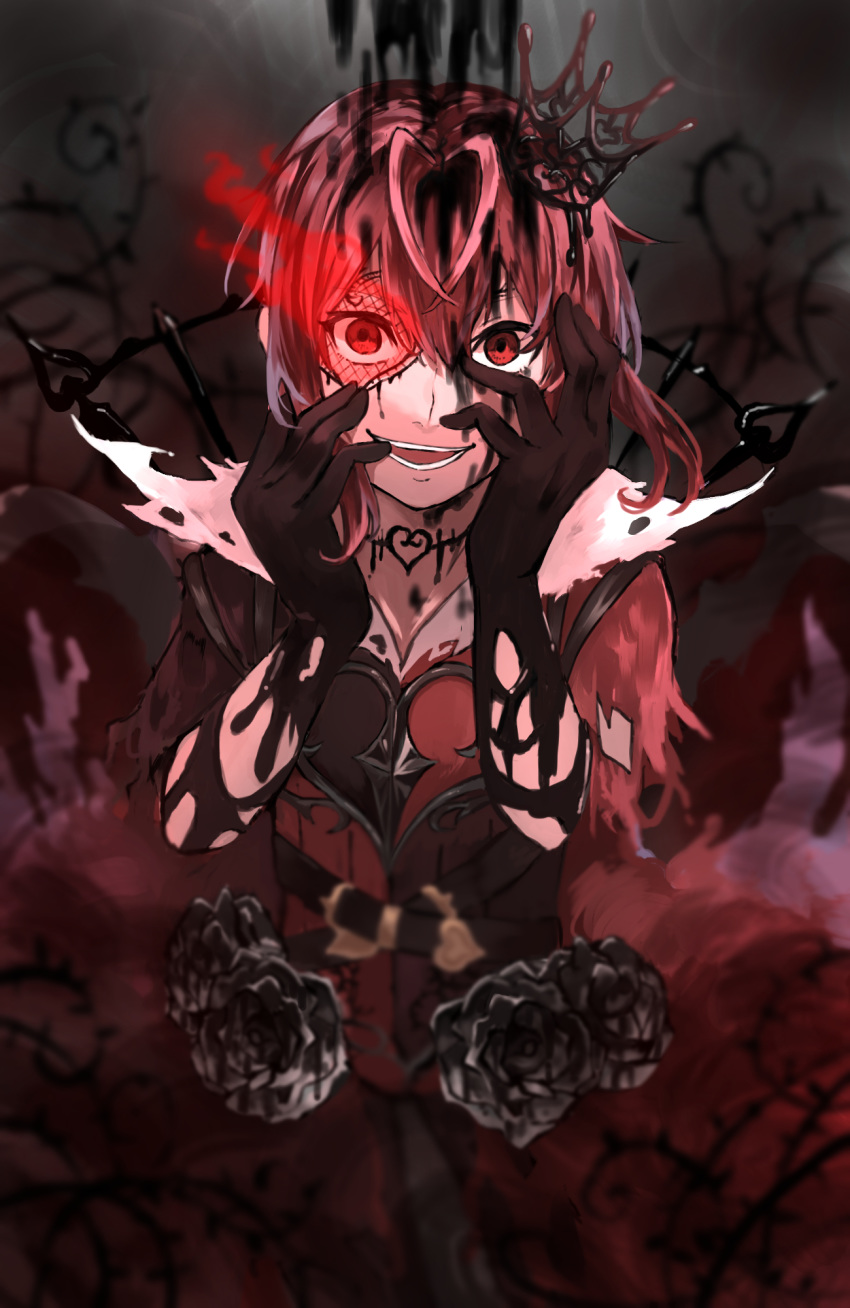 1boy antenna_hair bangs black_gloves choker crossed_bangs crown empty_eyes evil_grin evil_smile flaming_eye gloves grin hands_on_own_cheeks hands_on_own_face heart heart_print highres ink ink_on_face ink_stain male_focus mini_crown open_mouth overblot red_eyes riddle_rosehearts smile solo thorns torn_clothes twisted_wonderland yandere_trance yonagi