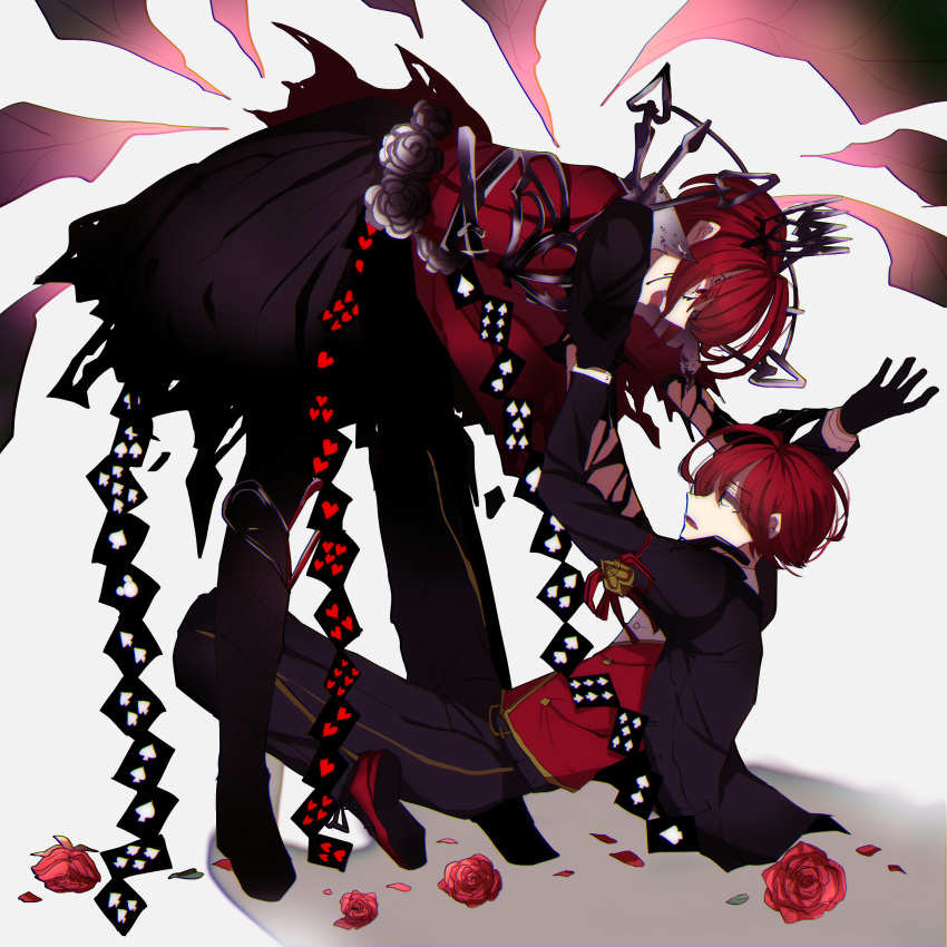 2boys black_gloves card chromatic_aberration clone crown dual_persona flower from_side gloves highres ink loafers male_focus mickey_mouse mini_crown multiple_boys night_raven_college_uniform overblot petals playing_card red_eyes red_flower red_hair red_rose red_vest riddle_rosehearts rose shiyo_(akari99999) shoes short_hair torn_clothes twisted_wonderland vest white_background