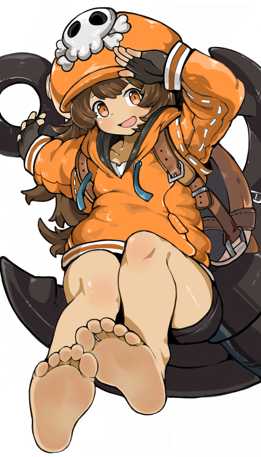 1girl absurdres anchor ass backpack bag bangs barefoot black_gloves black_shorts blush brown_eyes brown_hair collarbone eyebrows eyelashes feet fingerless_gloves foreshortening gloves greek_toe guilty_gear hat highres hood hood_down hoodie leather leather_belt legs long_hair long_sleeves looking_at_viewer may_(guilty_gear) menla open_mouth orange_headwear orange_hoodie pov pov_feet salute shirt short_shorts shorts simple_background sitting skull skull_and_crossbones skull_on_head smile soles solo swept_bangs teasing thighs toes tongue undershirt very_long_hair white_background white_shirt