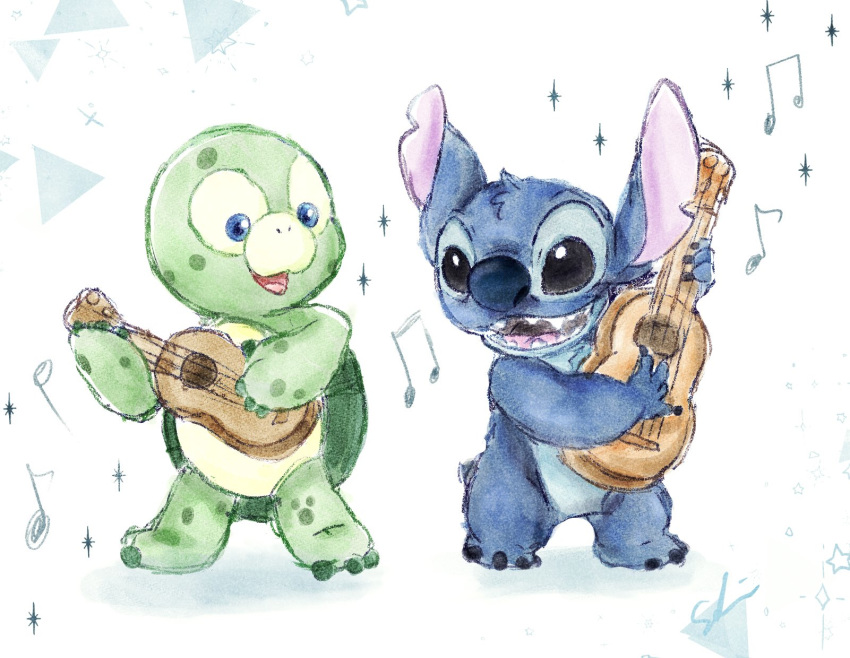'olu_mel 2020 4_fingers alien black_eyes blue_body blue_claws blue_eyes blue_fur blue_nose claws disney disney_parks duffy_and_friends duo experiment_(lilo_and_stitch) eye_contact fingers fur green_body green_skin head_tuft hi_res holding_musical_instrument holding_object lilo_and_stitch looking_at_another lute m_ssk626 musical_instrument musical_note notched_ear open_mouth open_smile playing_music plucked_string_instrument reptile scalie semi-anthro shell signature smile standing stitch_(lilo_and_stitch) string_instrument tuft turtle ukulele