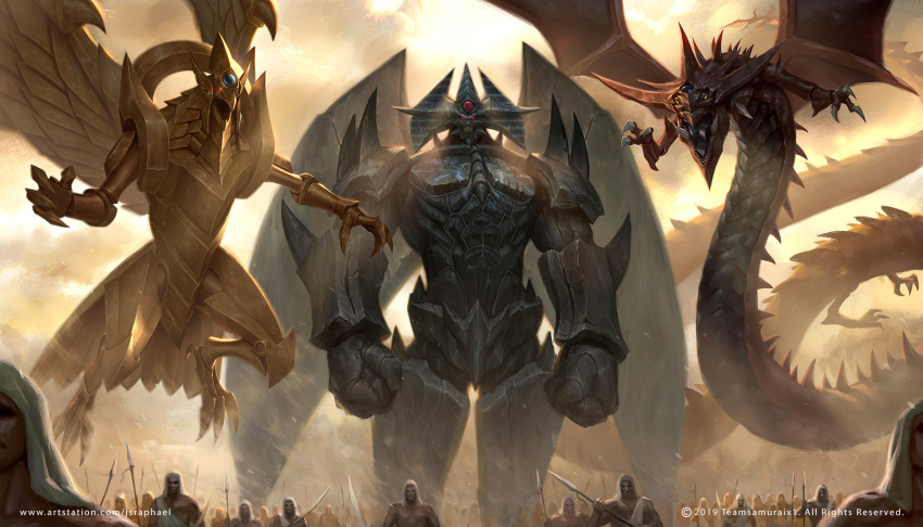 army clenched_hands cloud cloudy_sky dragon duel_monster egyptian egyptian_clothes floating highres holding holding_lance holding_polearm holding_weapon joshua_raphael lance multiple_boys obelisk_the_tormentor open_mouth osiris_the_sky_dragon polearm sharp_teeth sky standing teeth the_winged_dragon_of_ra watermark weapon web_address wings yu-gi-oh! yu-gi-oh!_duel_monsters