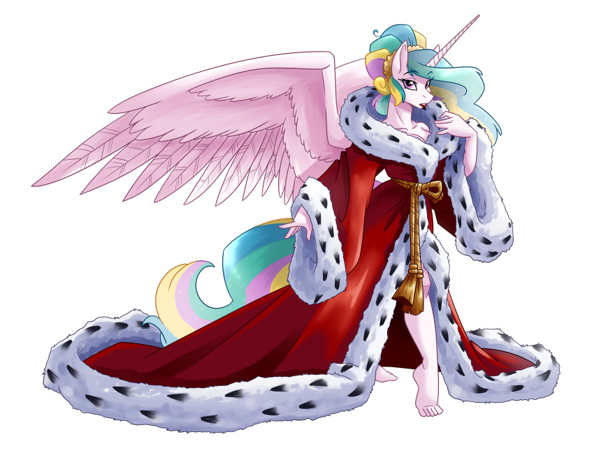 absurd_res anthro anthrofied barefoot big_wings breasts cleavage clothed clothing equid feet female friendship_is_magic hair hasbro headpiece hi_res horn humanoid_feet lipstick long_hair looking_at_viewer makeup mammal multicolored_hair my_little_pony princess_celestia_(mlp) purple_eyes red_lipstick robe simple_background solo spiderweber walking white_background winged_unicorn wings