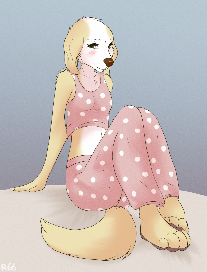 2020 4_toes aggressive_retsuko anthro blush canid canine canis clothing domestic_dog feet_together female fur hi_res inui_(aggressive_retsuko) mammal pajama_pants pajama_shirt pajamas paws plantigrade ruth66 sanrio smile solo toes