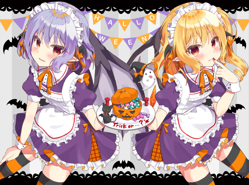 2girls alternate_costume apron bat bat_wings beni_kurage black_cat blonde_hair blue_hair blush candy cat commentary dress english_text enmaided eyebrows_visible_through_hair fang fang_out feet_out_of_frame finger_to_mouth flandre_scarlet food ghost grey_background hair_between_eyes halloween hand_on_own_thigh highres holding holding_plate jack-o'-lantern lace_border layered_skirt leaning_forward looking_at_viewer maid maid_apron maid_headdress multiple_girls neck_ribbon one_side_up orange_neckwear parted_lips plate pointy_ears purple_dress red_eyes remilia_scarlet ribbon short_hair siblings sisters skirt standing streamers striped striped_background striped_legwear thighhighs touhou wings