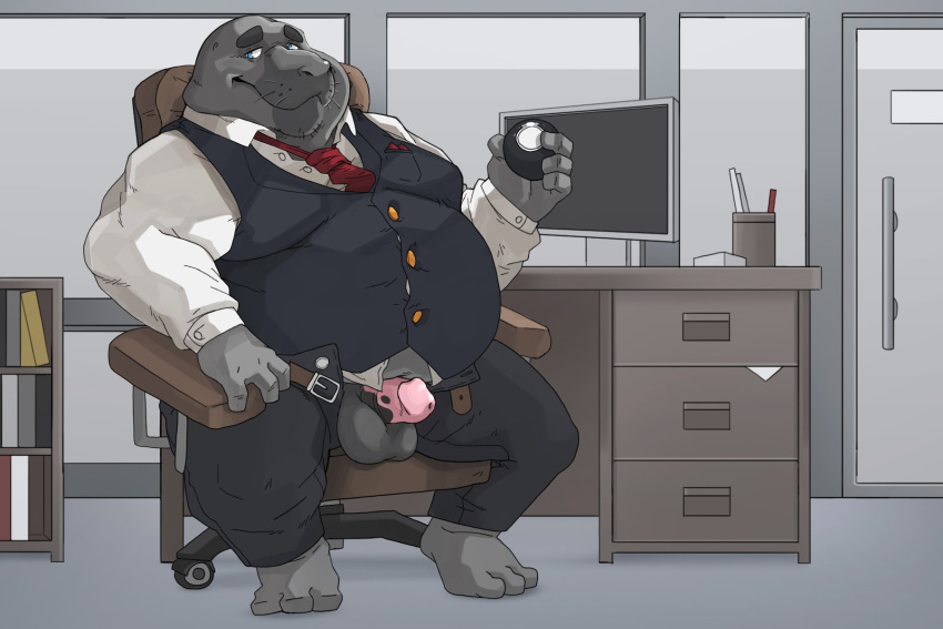 2020 3:2 anthro balls black_body bluewhale127 chair clothing detailed_background furniture genitals hi_res humanoid_hands inside kemono male necktie overweight overweight_anthro overweight_male penis shirt sitting solo topwear
