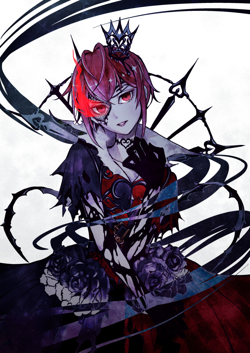 1boy absurdres antenna_hair bangs black_gloves choker crossed_bangs crown empty_eyes eyeshadow flaming_eye gloves hair_between_eyes head_tilt heart heart_print highres ink inverted_colors makeup mini_crown overblot pale_skin parted_lips red_eyes red_eyeshadow red_fire red_hair riddle_rosehearts short_hair sidelocks solo suzuki_yuka torn_clothes twisted_wonderland white_background