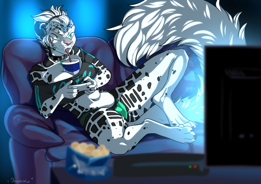 2020 4_toes 5_fingers anthro black_spots breasts clothed clothing digital_media_(artwork) felid female fingers fur gaming green_eyes grey_body grey_fur mammal omesore pantherine snow_leopard solo spots spotted_body spotted_fur toes