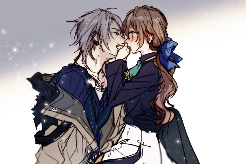 1boy 1girl ascot black_shirt blue_shirt blush bow brown_coat brown_hair closed_mouth coat commentary couple covering_mouth crow_armbrust earrings eiyuu_densetsu face-to-face from_side fur-trimmed_coat fur_trim green_neckwear grey_background hair_bow hand_over_another's_mouth hands_together hetero highres jewelry light_particles long_hair looking_at_another miniskirt off_shoulder ponytail profile red_eyes ribbed_shirt sen_no_kiseki shirt short_hair silver_hair simple_background skirt soap_(user_kghh4755) towa_herschel two-tone_background white_background white_skirt