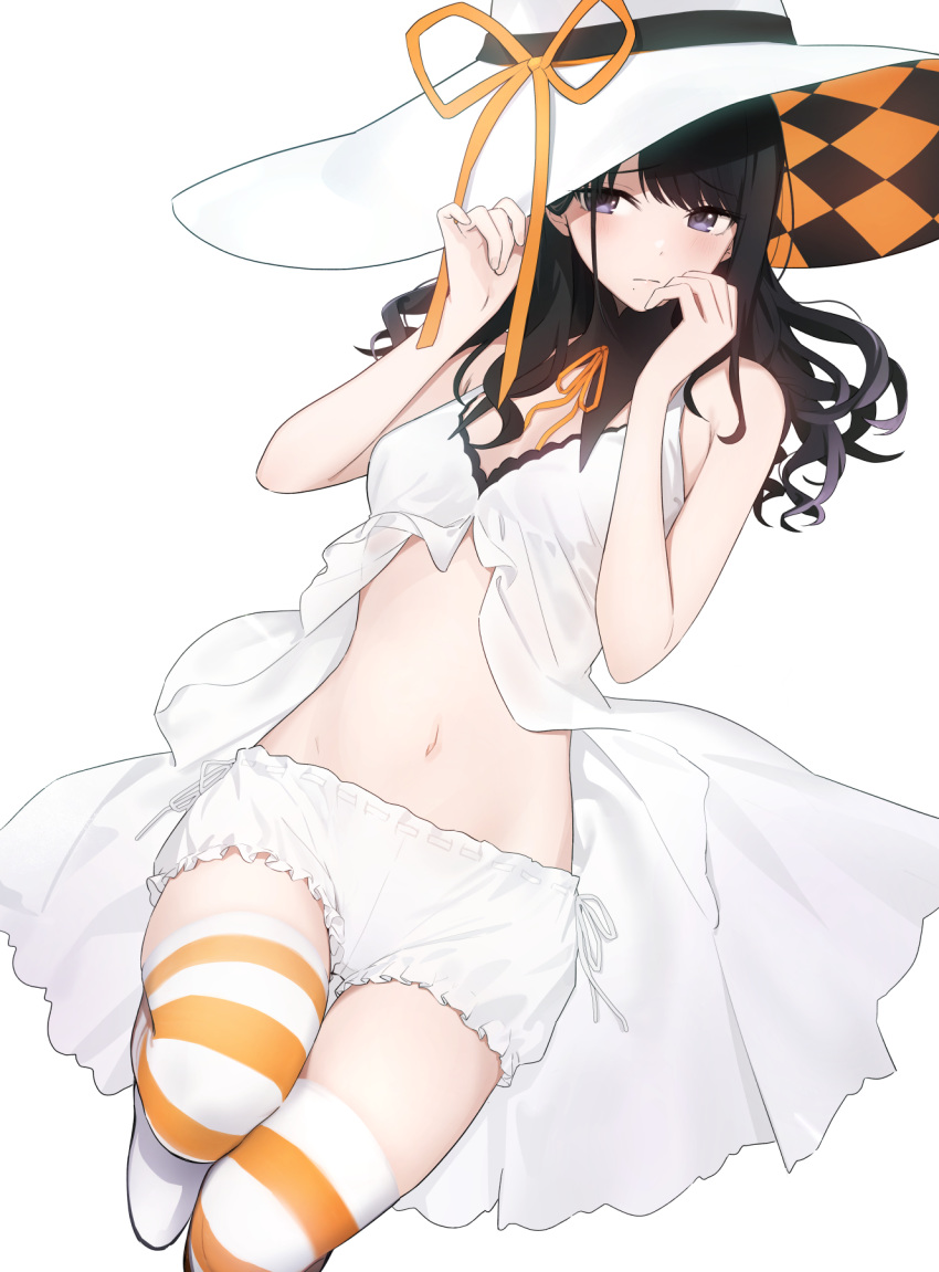 1girl babydoll bangs bare_shoulders black_hair blue_eyes blush breasts checkered closed_mouth eyebrows_visible_through_hair fpanda frilled_shorts frills hat hat_ribbon highres idolmaster idolmaster_shiny_colors kazano_hiori long_hair looking_at_viewer mole mole_under_mouth navel ribbon shorts simple_background solo striped striped_legwear swept_bangs thighhighs wavy_hair white_babydoll white_background witch_hat