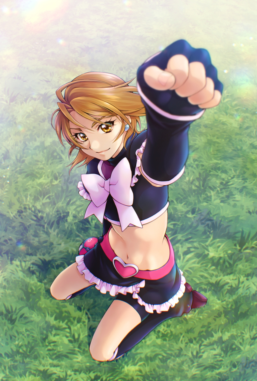 1girl aizen_(syoshiyuki) bangs bike_shorts black_capelet black_gloves black_shirt black_skirt black_sleeves bow brown_eyes brown_hair capelet commentary_request crop_top cure_black detached_sleeves earrings eyebrows_visible_through_hair fingerless_gloves fist_pump foreshortening full_body futari_wa_precure gloves grass groin hair_between_eyes heart heart_earrings highres jewelry leg_warmers lens_flare looking_at_viewer magical_girl midriff misumi_nagisa navel pink_bow precure red_footwear ribbon seiza shirt shoes short_hair shorts shorts_under_skirt sidelocks sitting skirt sleeveless sleeveless_shirt smile solo swept_bangs
