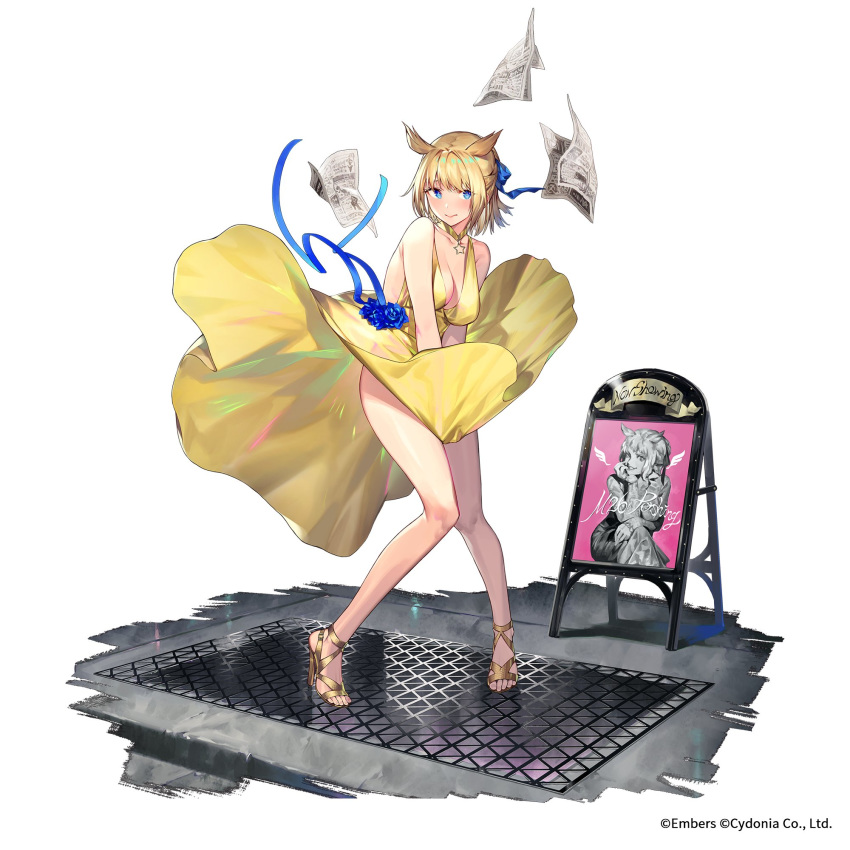 +_+ 1girl ash_arms bangs bare_legs blonde_hair blue_eyes blush breasts choker cleavage dress dress_lift dress_tug full_body grate hair_flaps hair_ribbon high_heels highres knees_together_feet_apart large_breasts leaning_forward looking_at_viewer m26_pershing_(ash_arms) nervous_smile newspaper noy ribbon short_hair sign sleeveless sleeveless_dress solo star_(symbol) star_choker strappy_heels the_seven-year_itch watermark white_background wind wind_lift yellow_dress yellow_footwear