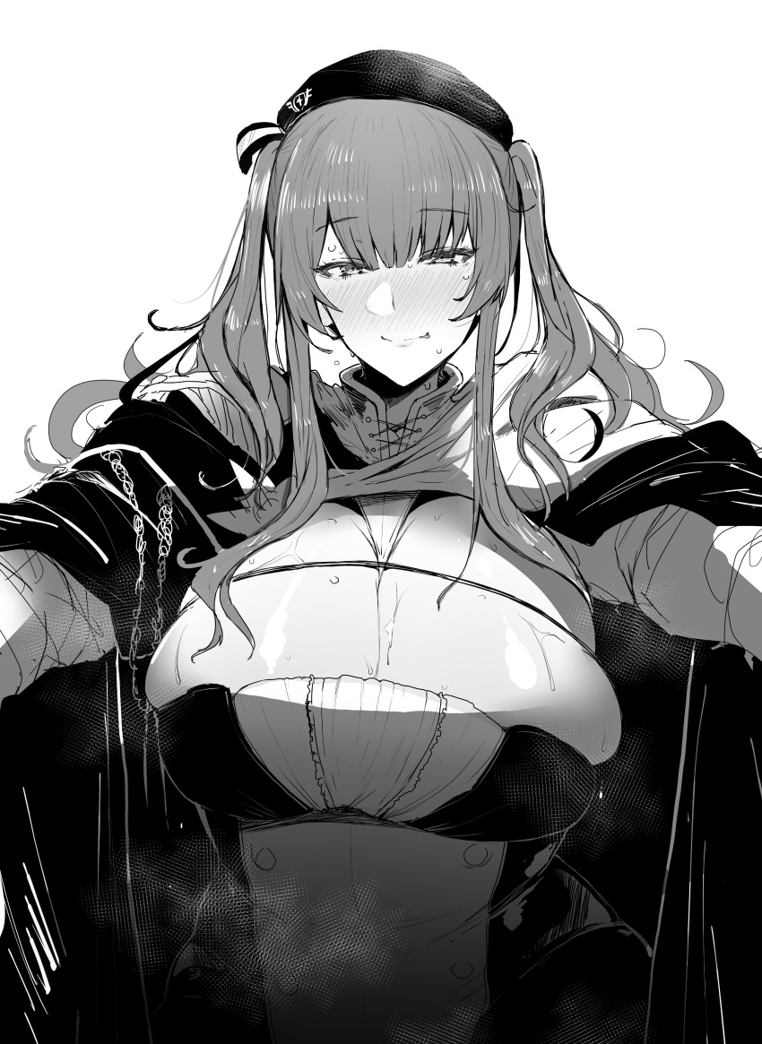 1girl :p absurdres azur_lane bangs beret blush breasts cleavage eyebrows_visible_through_hair greyscale hat highres huge_breasts long_hair looking_at_viewer military military_uniform monochrome outstretched_arms shiworiita sidelocks simple_background skindentation smile steaming_body sweat tongue tongue_out twintails uniform white_background zara_(azur_lane)