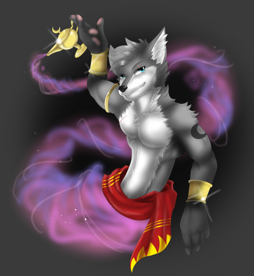 2020 anthro canid canine canis checkhoff countershading floating fur genie gold_(metal) gold_jewelry grey_body grey_fur hi_res holding_object inner_ear_fluff jewelry lamp looking_at_viewer magic_lamp male mammal simple_background solo tuft waistband white_countershading wolf wrist_cuff