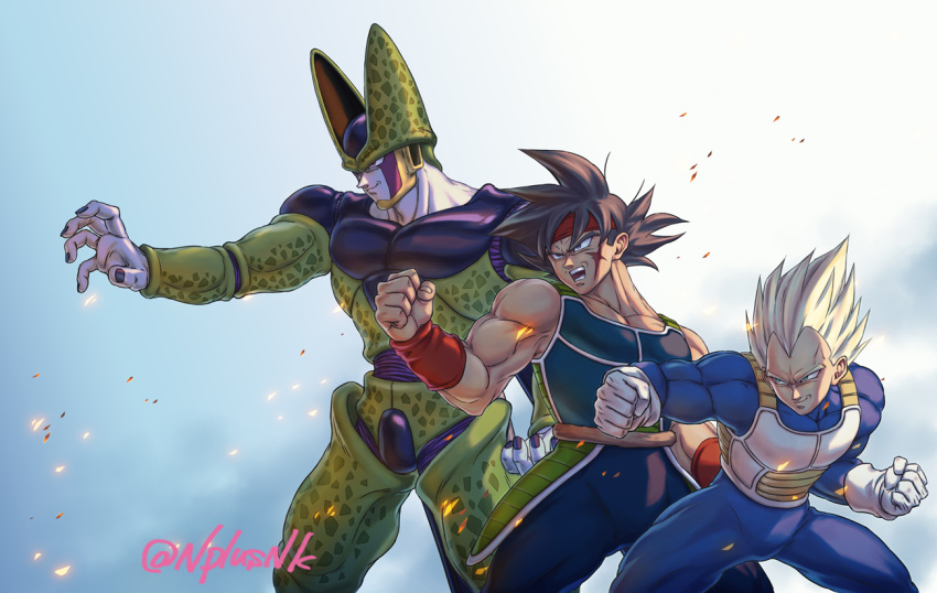 3boys armor artist_name bangs bardock black_hair black_nails blonde_hair cell_(dragon_ball) clenched_hand clenched_hands closed_mouth commentary_request dragon_ball dragon_ball_z fingernails gloves hand_up headband legs_apart male_focus multiple_boys muscle naomi_(nplusn) open_mouth perfect_cell pink_eyes red_headband red_wristband smile spiked_hair super_saiyan teeth vegeta watermark white_gloves wristband