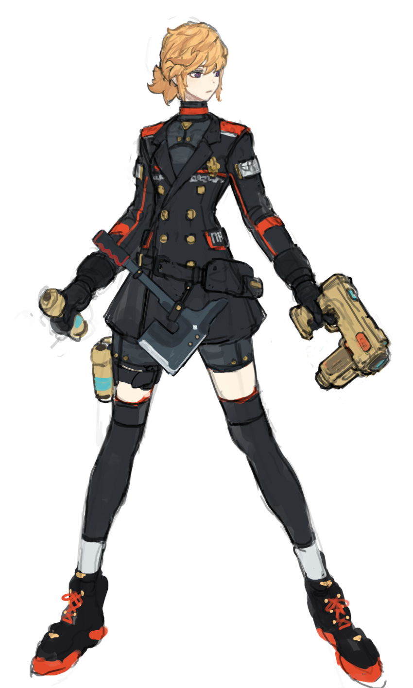 1girl absurdres ankle_boots black_footwear black_gloves black_jacket black_legwear bodysuit boots closed_mouth commentary double-breasted english_commentary full_body gloves grey_bodysuit gun hatchet highres holding holding_gun holding_weapon jacket jaeyeong legs_apart long_sleeves looking_to_the_side orange_hair original ponytail purple_eyes short_hair simple_background sketch solo standing thighhighs weapon white_background