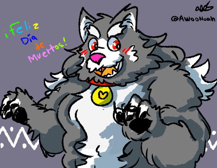 anthro awoonoah body_hair canid canine canis cel_shading feral happy happy_trail lace looking_at_viewer male mammal pink_nose simple_background solo text were werecanid werecanine werewolf wolf