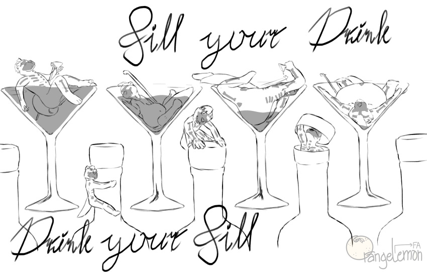2020 alcohol anthro belly belly_expansion beverage big_belly black_and_white bottle cocktail drinking expansion hi_res hyper hyper_belly inflation kinktober lutrine male mammal micro moblie moblie_(character) monochrome mustelid olive_(food) skeleton_markings sketch solo swimming wine wine_bottle wine_glass